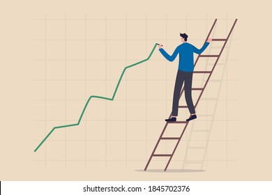 Stock price growth, asset price soaring or rising up, bullish stock market or economic recovery concept, confident businessman trader climbing up ladder to draw green rising up investment line graph.
