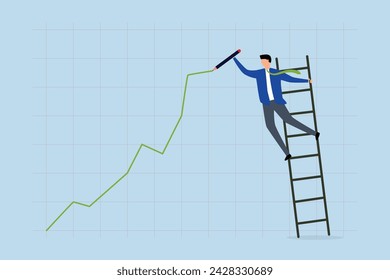 Stock price growth, businessman trader climbing up ladder to draw green rising up investment line graph.