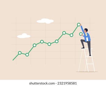 Stock price growth concept. Asset price soaring or rising up, bullish stock market or economic recovery, confident businessman trader climbing up ladder to draw green rising up investment line graph.