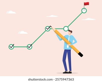 Stock price growth concept. Asset price soaring or rising up, bullish stock market or economic recovery, confident businessman trader climbing up ladder to draw green rising up investment line graph.