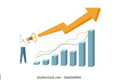 Stock price increase announcement. Realization of potential. Success rates are rising. Big orange arrow points up. Businessman declares income. Conceptual vector illustration EPS 10 isolated on white.