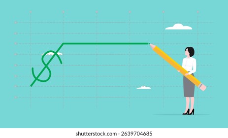 stock price rising up, business woman draws a graph of rising stock prices with a pencil concept vector illustration