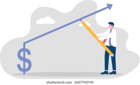 stock price rising up, businessman draws a graph of rising stock prices with a pencil concept vector illustration

