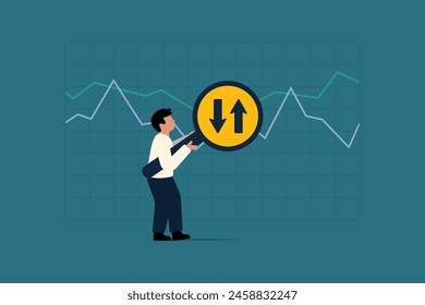 Stock Price Volatility Examination. Bid vs Ask Price Analysis. Businessman with Magnifier. Vector Business Illustration