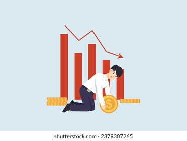 Stock prices fall, property values fall, stressed people sit on their knees sadly, vector illustration.