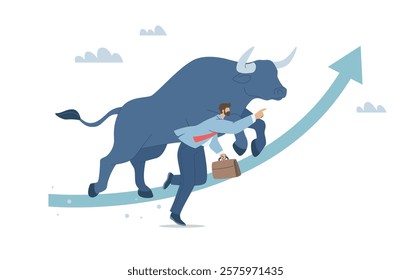 Stock prices in the market are rising rapidly in a bull market, Bullish trading, Forex stock charts, Rising charts, Profits, Growth, Investors are running fast in a bull market, Flat vector design.
