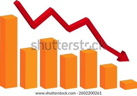stock, profit, wealth going down, downward chart with gold color 3d cube with red line arrow head shows loss the money, debt, market loss template