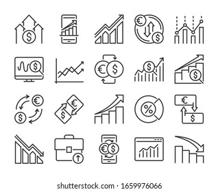 Stock Quotes Icons. Stock Quotes, Charts And Data Analysis Line Icon Set. Vector Illustration. Editable Stroke.