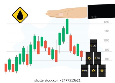 Stock quotes of oil or gas prices, politician or financer hand from above limits price growth. Economic crisis due to high energy prices. Ceiling prices for export of petroleum products. Flat vector