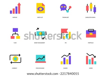 Stock Quotes set of icons concept in the flat cartoon design. Different variable processes in stock and financial exchange. Vector illustration.