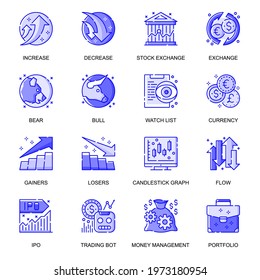 Stock Quotes web flat line icons set. Pack outline pictogram of increase and decrease, finance, bear and bull, trading graphs concept. Vector illustration of symbols for website mobile app design