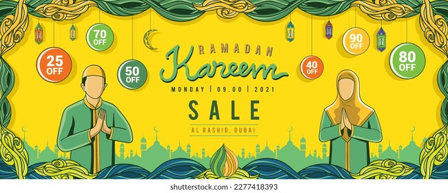 Stock ramadan kareem sale banner with hand drawn islamic iIlustration ornament on white background. 02