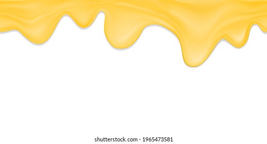 Stock realistic vector seamless border of melted cheese or cheese fondue on a white background.Seamless vector realistic border of melted butter or ghee for food packaging design.