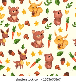 Stock seamless pattern with forest animals. Childish background with bear, squirrel, deer, acorns and carrots. Cute texture for apparel, wrapping paper, linen, nursery posters.