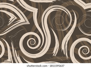 Stock Seamless vector pattern of beige smooth lines and spirals on a brown background. Texture of waves and swirl for packaging or decor of the website background