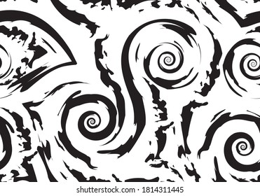 Stock Seamless vector pattern of black torn lines and spirals isolated on white background.Monochrome texture for packaging or decoration