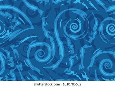 Stock Seamless vector pattern of blue torn lines and spirals on a nautical background. Texture of waves and swirls for wrapping or decorating fabrics