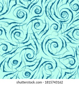 Stock seamless vector pattern of blue flowing lines with torn edges on a turquoise background.Texture for fabric or wrapping paper