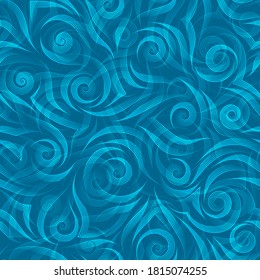 Stock seamless vector pattern of smooth stripes of blue color in the form of spirals and waves on a blue background. Bright texture from abstract shapes drawn by a pen