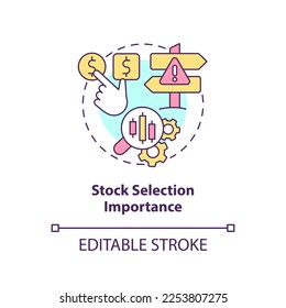 Icono de concepto de importancia de la selección de acciones. Elija un mercado. Ilustración de la delgada línea de la idea abstracta de la tendencia del mercado financiero. Dibujo de contorno aislado. Trazo editable. Fuentes Arial, Myriad Pro-Bold utilizadas