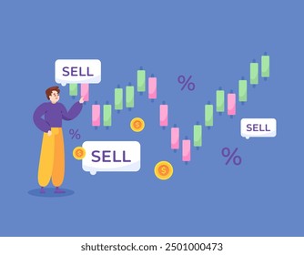 stock sell strategy concept. selling assets or stocks when the price is high. illustration of an investor selling his stocks when the price is soaring. stock price increase. flat style design. graphic