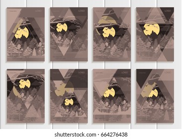 Stock set collection vector brochure design business template abstract nature element unusual landscape abstract triangles brown background printed materials, greeting card, cover, corporate identity