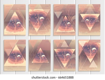 Stock set collection vector brochure design business template abstract nature element unusual landscape abstract triangles violet background printed materials, greeting card, cover, corporate identity