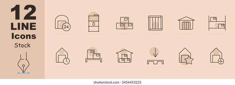 Stock set icon. Reserve, margin, supplies, store, boxes, depot, barrel, entrepot, depository, oil, mail, port, shelves with warehouses, asterisk, plus, storage, port. Stockroom concept.