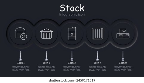Stock set icon. Reserve, margin, supplies, store, boxes, depot, barrel, oil, mail, port, shelves with warehouses, asterisk, plus, storage, port, infographic, neomorphism. Stockroom concept.
