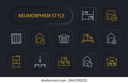 Stock set icon. Reserve, margin, supplies, store, boxes, depot, barrel, oil, mail, port, shelves with warehouses, asterisk, plus, storage, port, neomorphism. Stockroom concept.