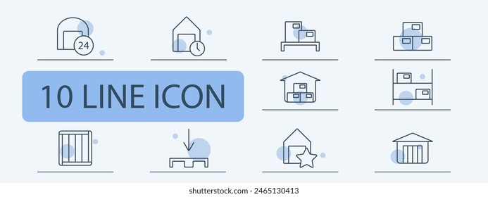 Stock set icon. Reserve, margin, supplies, store, boxes, depot, barrel, oil, mail, port, shelves with warehouses, asterisk, plus, storage, port. Stockroom concept.