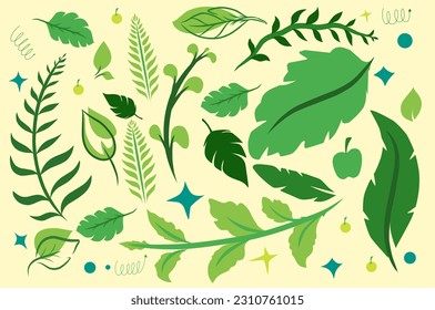 stock set of tropical forest leaves pattern in green