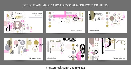 Stock set of vector backgrounds of geometric elements. Modern set of creative cards or posters with lines and dots, letters and convenient compositions