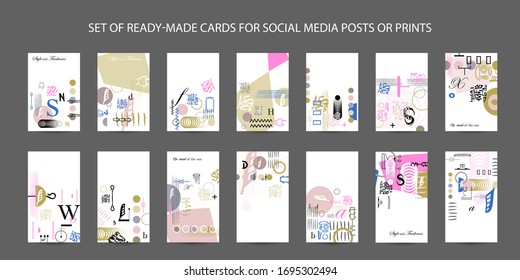 Stock set of vector backgrounds of geometric elements. Modern set of creative cards or posters with lines and dots, letters and convenient compositions