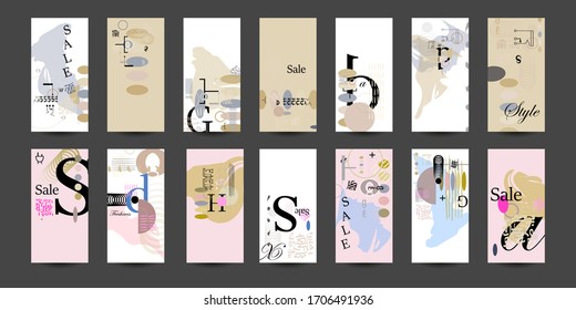 Conjunto de materiales vectoriales de elementos geométricos. Conjunto moderno de tarjetas o carteles creativos con líneas y puntos, letras y composiciones convenientes