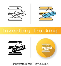 Stock shortage icon. Merchandise lack, goods limited quantity, empty storehouse. Commerce, retail and consumerism. Linear, black and RGB color styles. Isolated vector illustrations