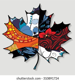 stock single isolated maple leaf.patchwork design. autumn pattern