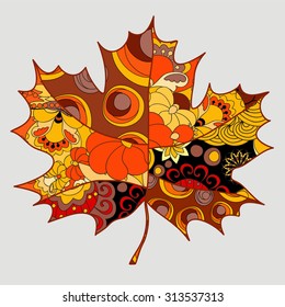 stock single isolated maple leaf.patchwork autumn background