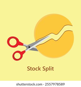 Stock Split or Share split in stock market vector, illustration. Share split in half and scissors design for info slides and creative posters.