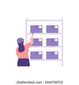 Stock Take Staff Concept, Admin Warehouse, Goods Supervisor. Illustration Of An Employee Or Female Worker Counting The Inventory Box And Arranging Goods. Flat Style. Vector Design Element.