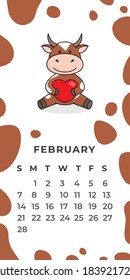 Stock Template for Wall calendar for 2021. The year of the ox in Chinese calendar. Cute character ox, bull or cow. Ready-to-print poster. Flat design.