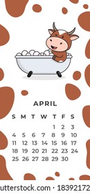 Stock Template for Wall calendar for 2021. The year of the ox in Chinese calendar. Cute character ox, bull or cow. Ready-to-print poster. Flat design.