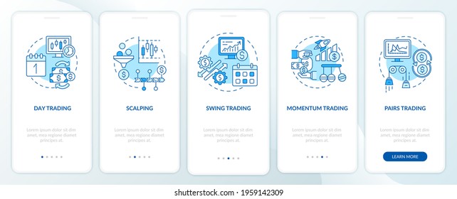 Stock trade approaches onboarding mobile app page screen with concepts. Scalping, swing types walkthrough 5 steps graphic instructions. UI, UX, GUI vector template with linear color illustrations