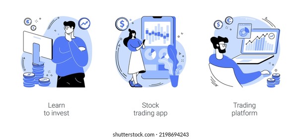 Stock trade isolated cartoon vector illustrations set. Learn to invest money, stock exchange market for beginners, stock trading app, use online trading platform, diagram on screen vector cartoon.