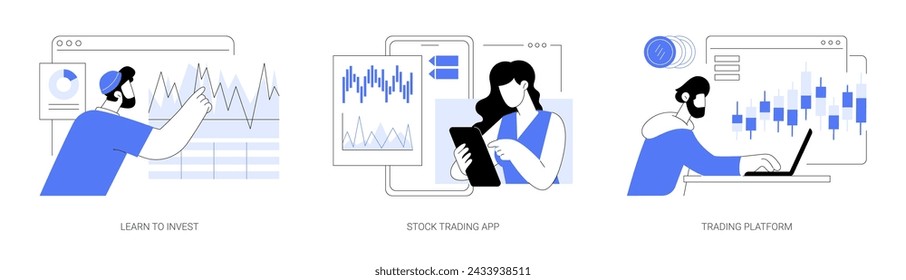 Stock trade isolated cartoon vector illustrations set. Learn to invest money, stock exchange market for beginners, stock trading app, use online trading platform, diagram on screen vector cartoon.