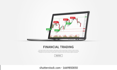 Stock trade web banner with laptop vector illustration. Web banner template for trading companies graphic design. Financial chart buy and sell signals for stock exchange market concept.
