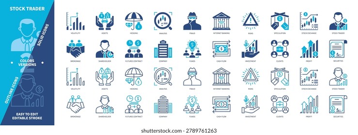 Stock Trader icon set. Assets, Shareholder, Profit, Analyst, Fraud, Securities, Stockbroker, Clients. Duotone color solid and editable outline icons