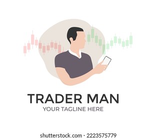 Stock Trader Looking using smartphone while workin logo design. Block chain stock market cryptocurrency investment selling and buy with price chart data graph  vector design and illustration.
