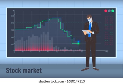 Stock trader on mask at fallen graphs background. Stock exchange market after coronavirus pandemic. World economic crisis vector illustration.