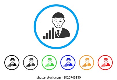 Stock Trader rounded icon. Style is a flat stock trader gray symbol inside light blue circle with black, gray, green, blue, red, orange versions. Happy stock trader vector icon.